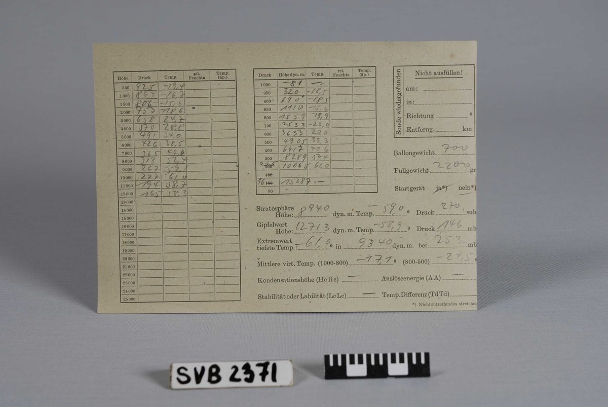Utfylte skjema fra værstasjonen Haudegen på Nordaustlandet. Skjemaene er i A5-format, gulaktige i fargen og ført med blyant. De beskriver høyde, trykk, temperatur,  fuktighet m m på tysk. Fra perioden 4. desember 1944 t o m 22. februar 1945