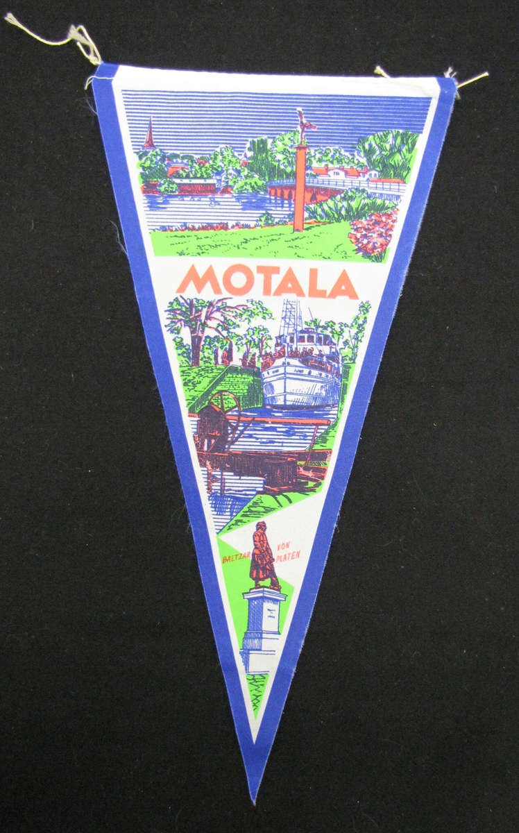 Cykelvimpel från Motala. Motivet är tryckt  med motiv från orten.

Vimpeln ingår i en samling av 103 stycken.