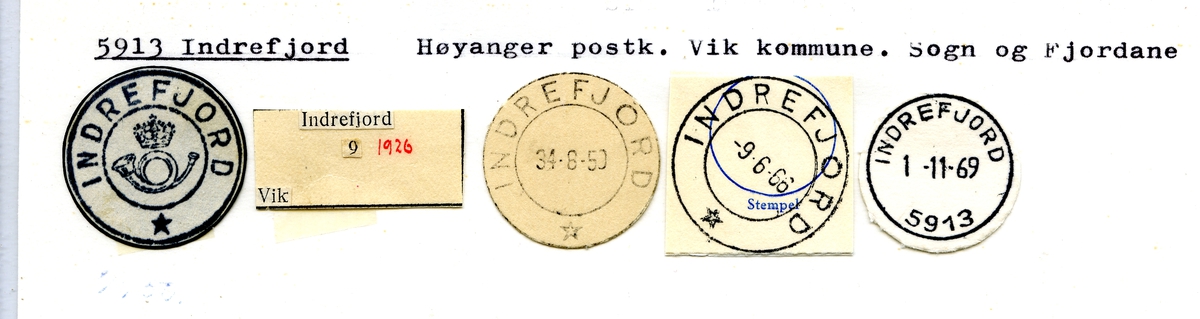Stempelkatalog. 5913 Indrefjord. Høyanger postkontor. Vik kommune. Sogn og Fjordane fylke.