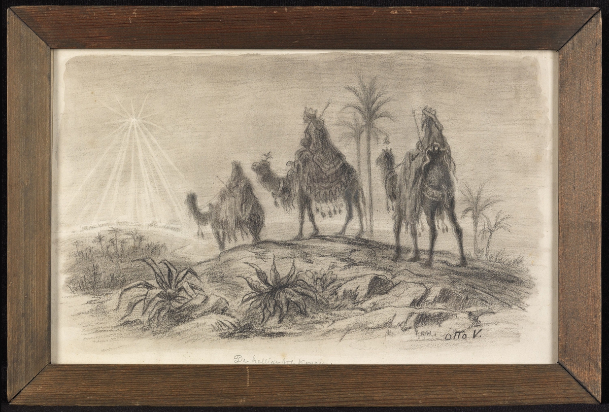 Ørkenlandskap m. 3 kameler m. konger, i bakgr. stjerneskinn over landsby