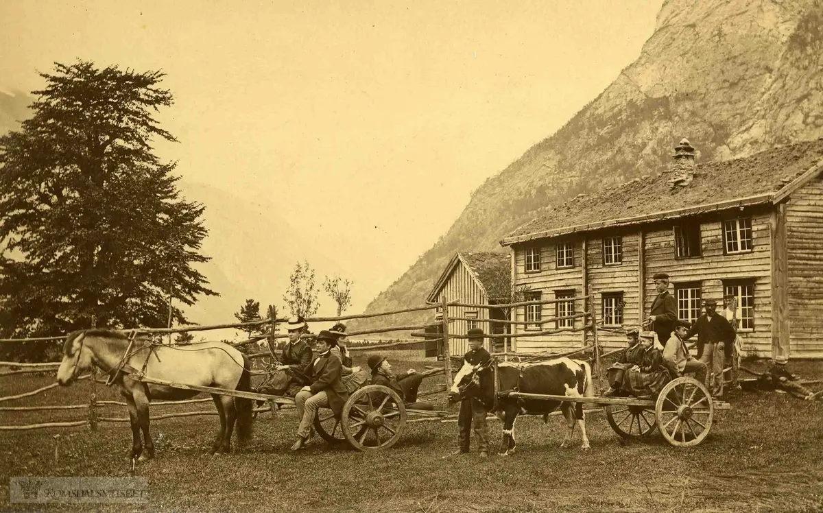 Reitan hotell i Eikesdal. Familiene Lysholm fra Trondheim og Matheson på tur med hest og okse i 1874. Husa vi ser er stuebygningen og eldhuset (gavlen).