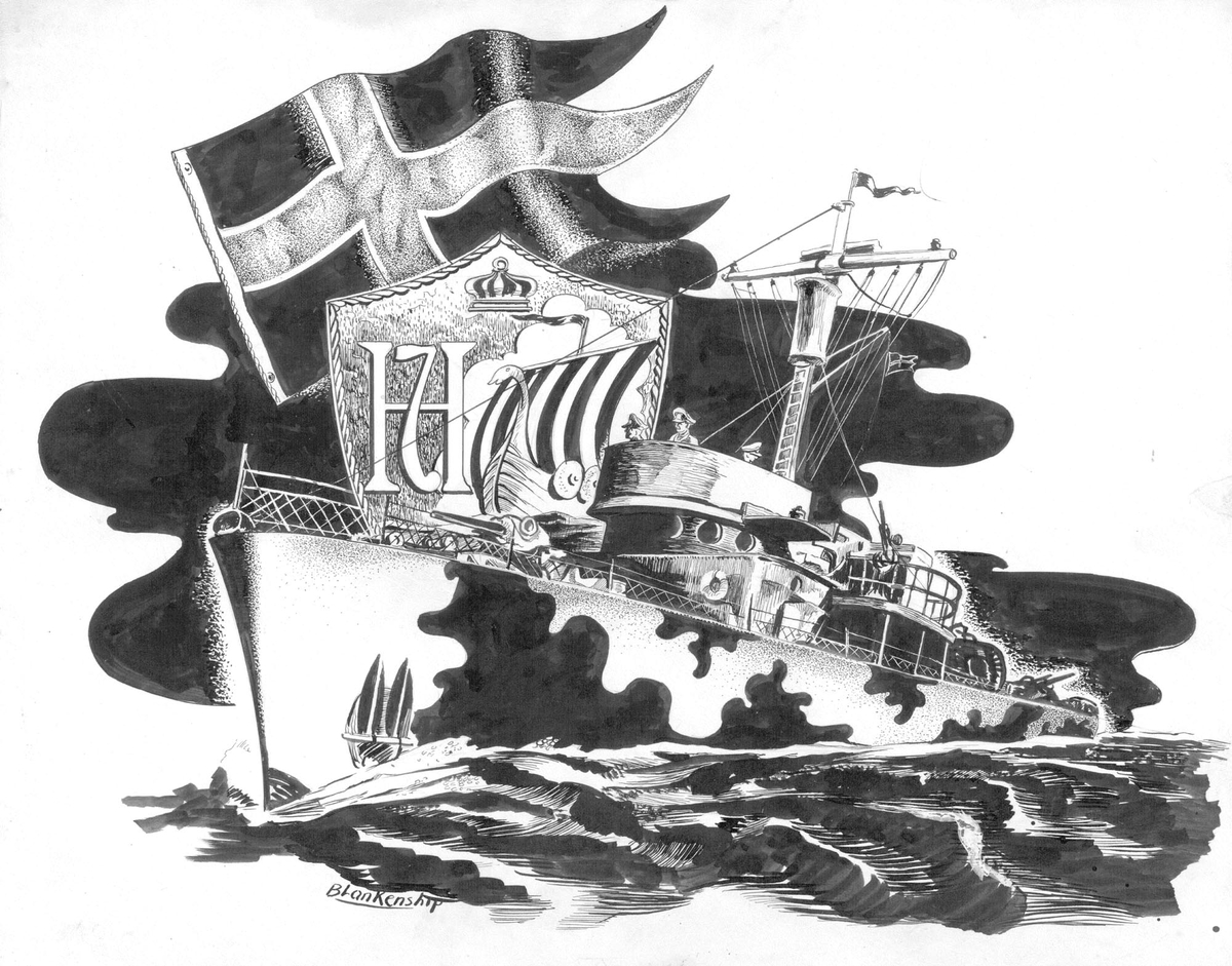 Stilisert bilde av u-båtjageren "King Haakon IV"
