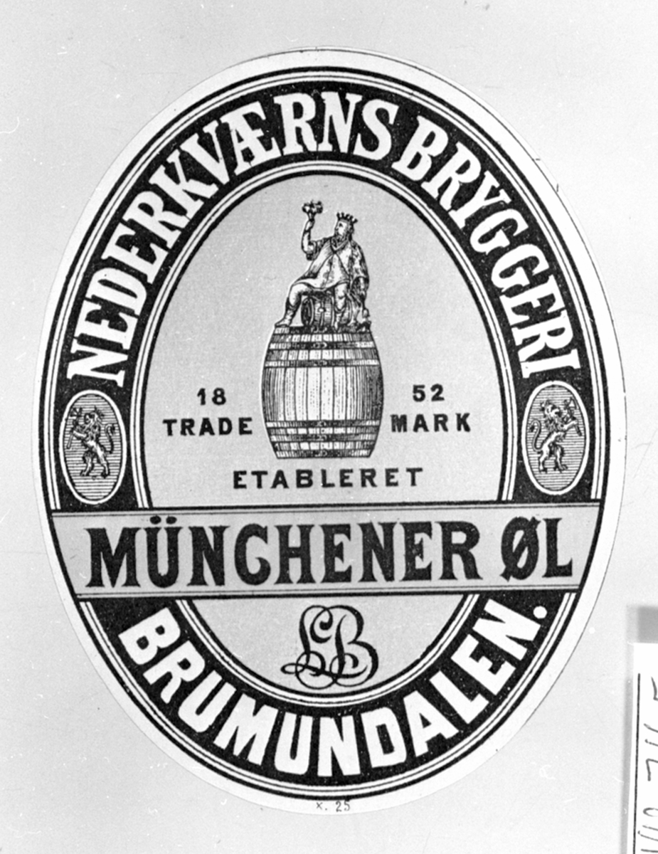 Etikett for flaskeøl, munchenerøl, Nederkværns Bryggeri, etablert 1852, Nederkværn, Brumunddal, Ringsaker.