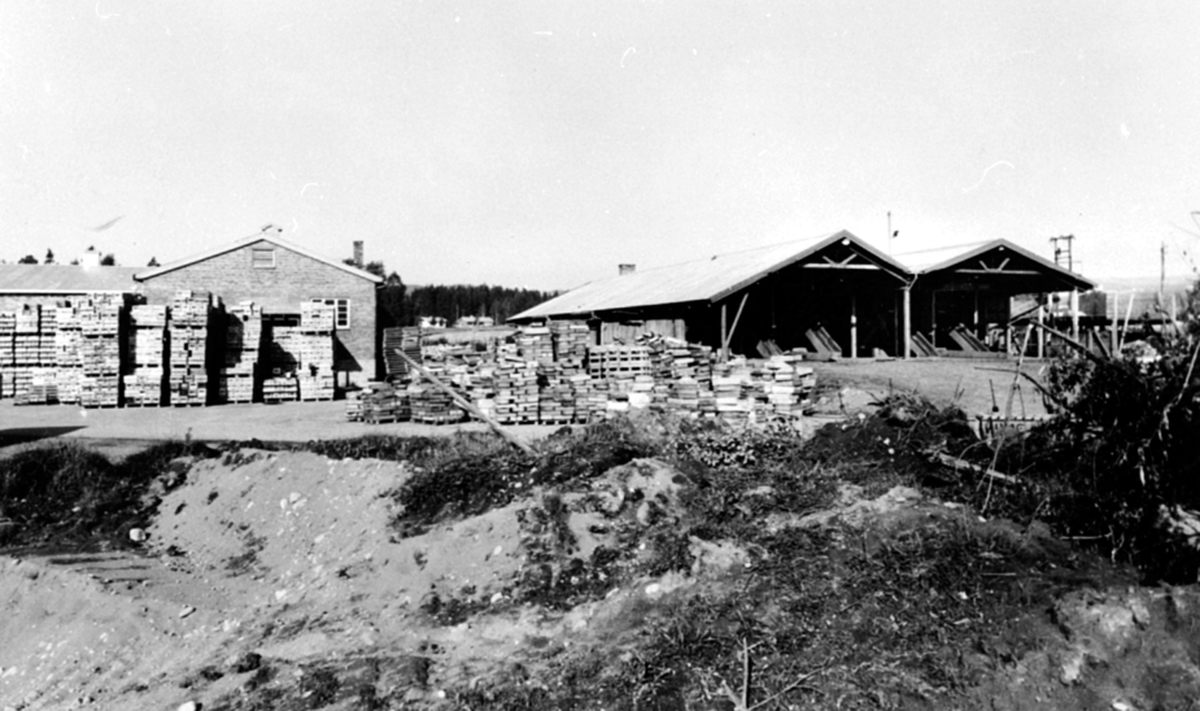 Eksteriør. Lager på A/S Oplandske Konservesfabrikk, Stabburet, Nora, Brumunddal. Engelsk ertetrøskeanlegg til venstre, montert i 1946, utvidet og flyttet i 1956.