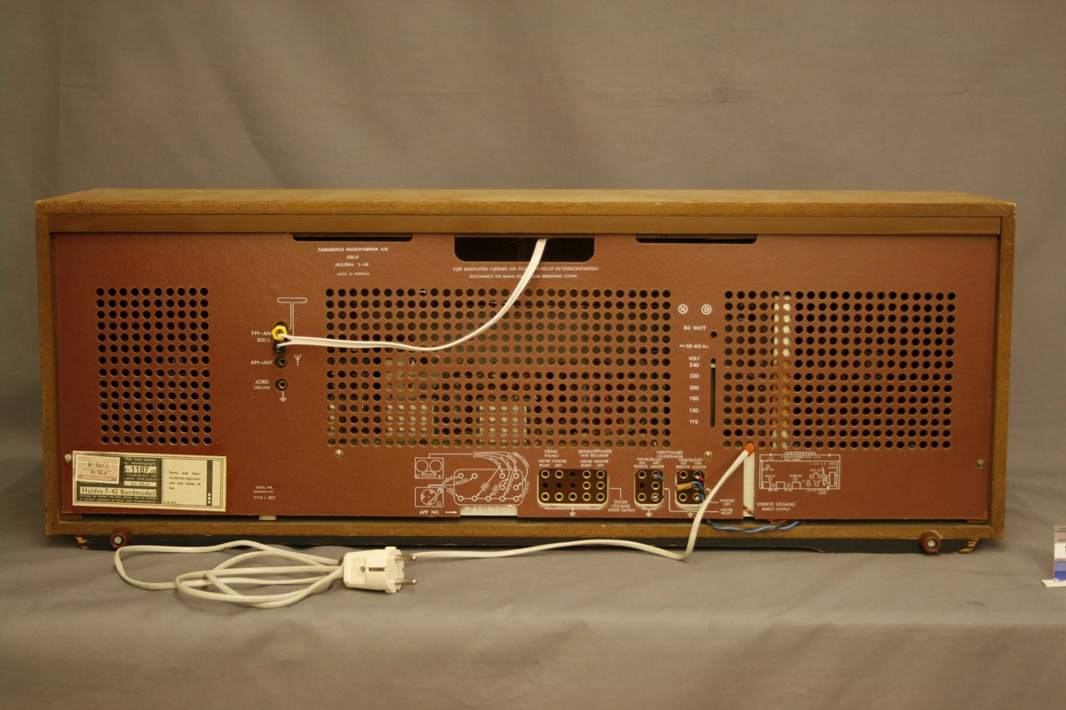 Panel på baksiden med tegninger som viser funksjonen til hvert uttak.Til venstre er det uttak for grammofon og båndopptaker. Til høyre uttak til høyttalere. Uttak for antenne og jordledning (se bilde).