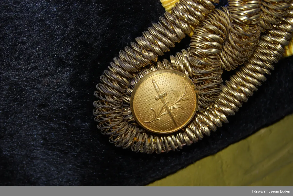 Svart kläde, knapp och kokard med agraff på höger sida. I hattens spetsar "tassar" av gulddragararbete.