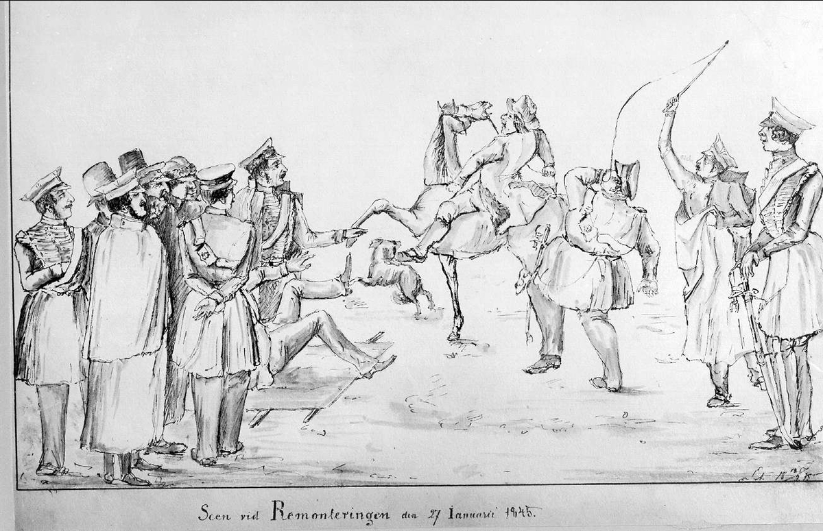 John Arsenius, född 1818. Officer vid K 3 1838-1868. Känd konstnär, framför allt hästmålningar. Söner:  Georg -- Konstnär. Sam -- Officer, fältjägare. Scen vid Remonteringen den 27 Januari 1845