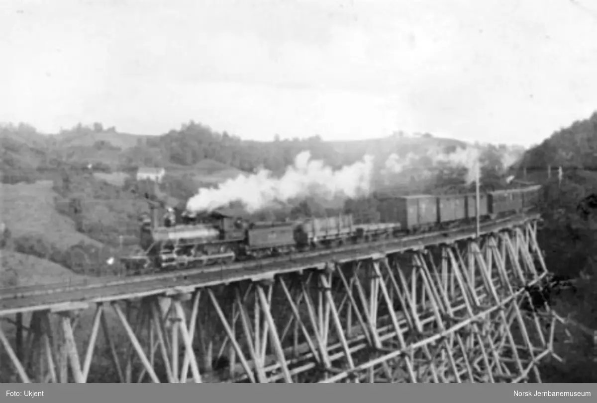 Damplokomotiv type XVIII med blandet tog på Oxstadøi viadukt (Liabrua)