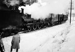 Filmopptak av damplokomotiv nr. 17 med kareter og konduktør 