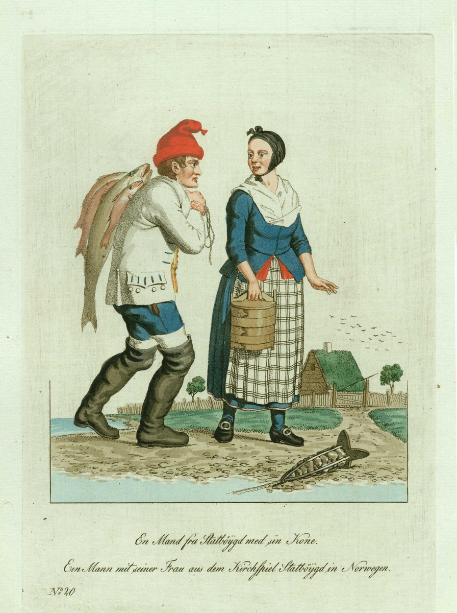 Mann og kone i folkedrakter fra Stadsbygd, Rissa, Sør-Trøndelag, han bærer fisk på ryggen, hun har en sveipet tine i hånden. Søkke? ligger på bakken.