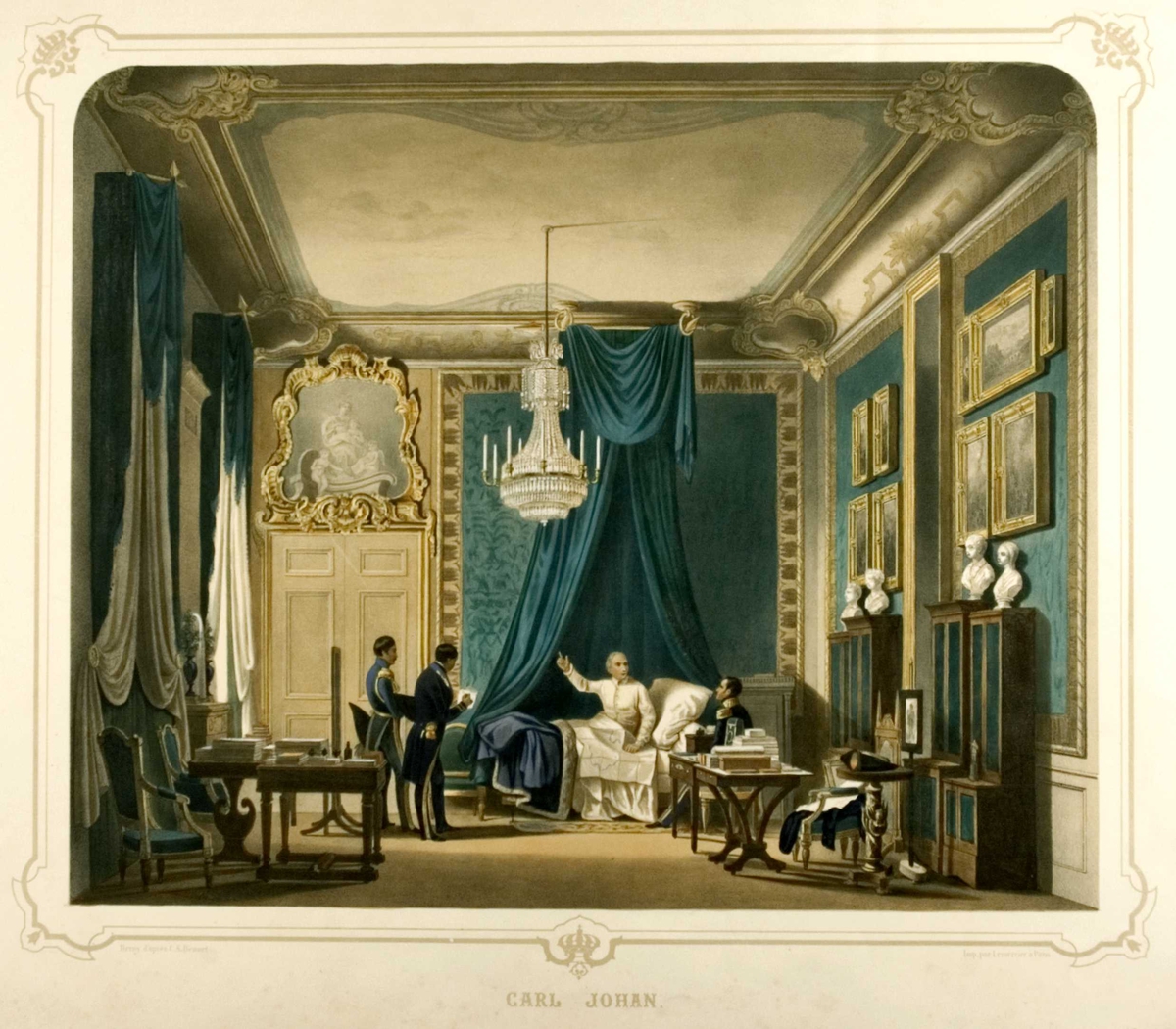 Karl Johans konfererer med embetsmenn fra sengen i sitt sove-og arbeidsværelse på Stockholm slott.
