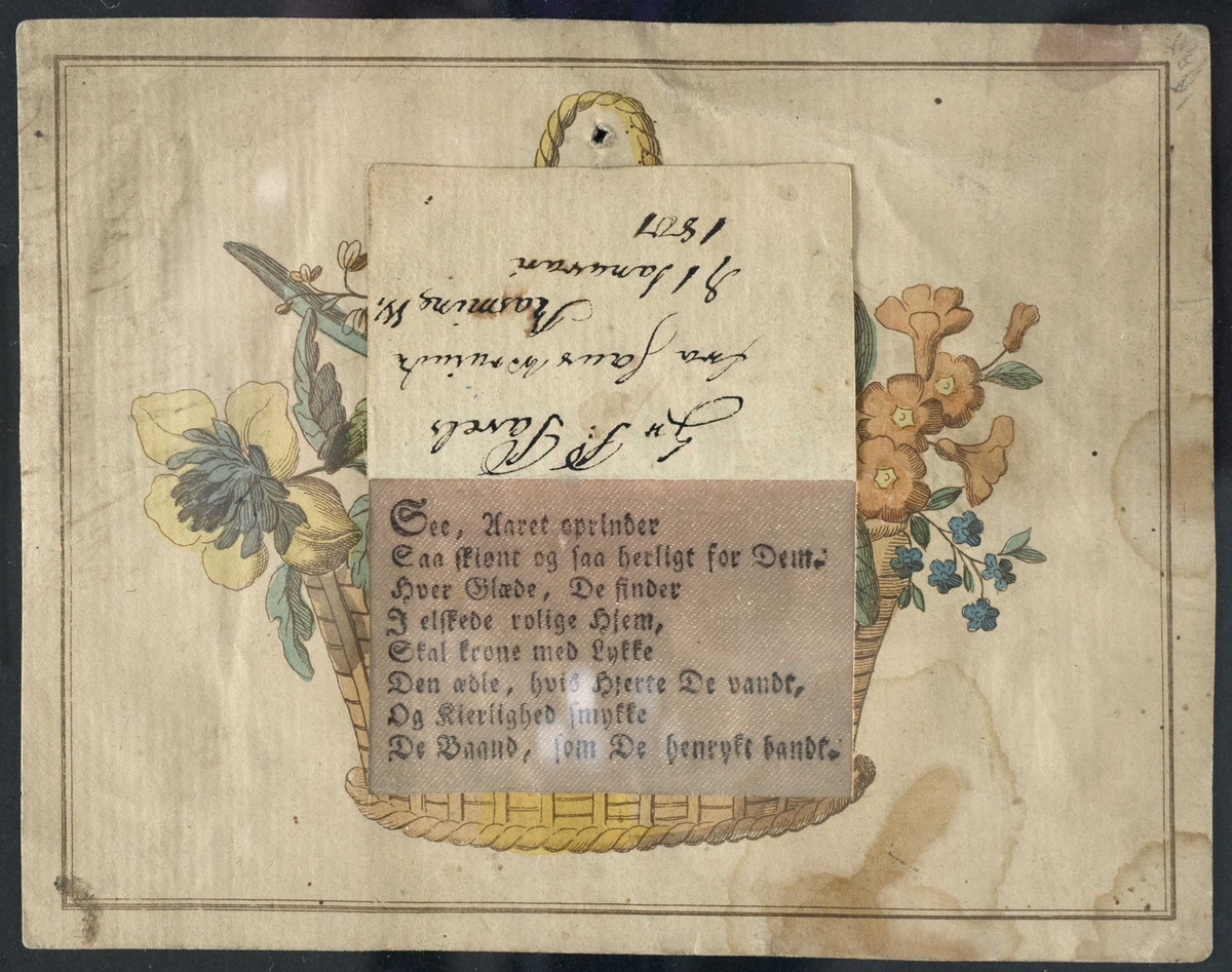Kort med trykt tegning av blomsterkurv. Midt på bilde en luke som kan åpnes og under denne står et dikt og en håndskrevet hilsen
