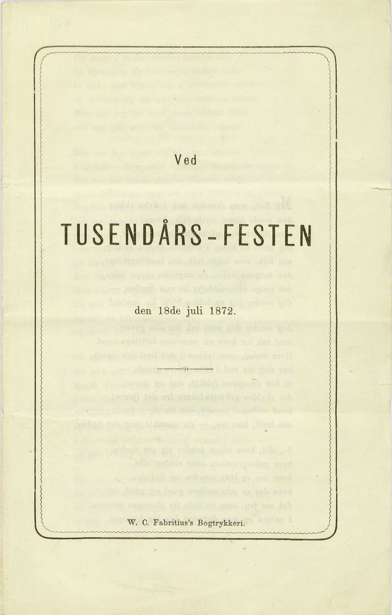 Oppstillingsliste: " Flyveblad / Papir / Henrik Ibsen: Ved Tusen-årsfesten den 18de juli 1872."