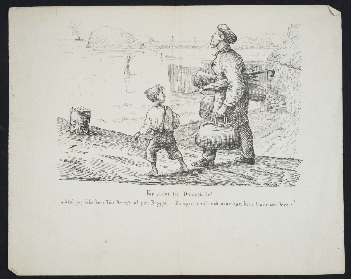 Mann med reiseveske m.m. ser damskip forsvinne ut av synsranden, liten gutt tilbyr bæretjeneste.