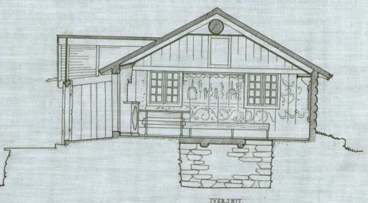 Erling Gjones tegning (1925) av stue på Nord Sporan i Nore og Uvdal, Buskerud. Plan- og snittegning.