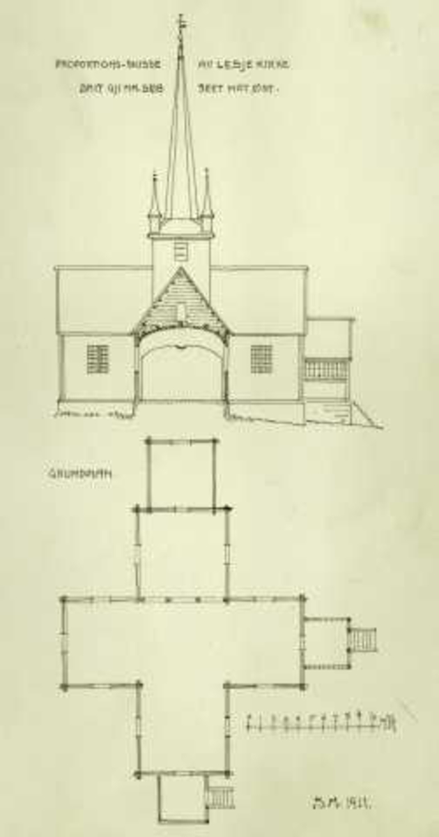 Johan J. Meyers tegning (1911) av  Lesja kirke med grunnplan, Lesja, Oppland.                                                   
