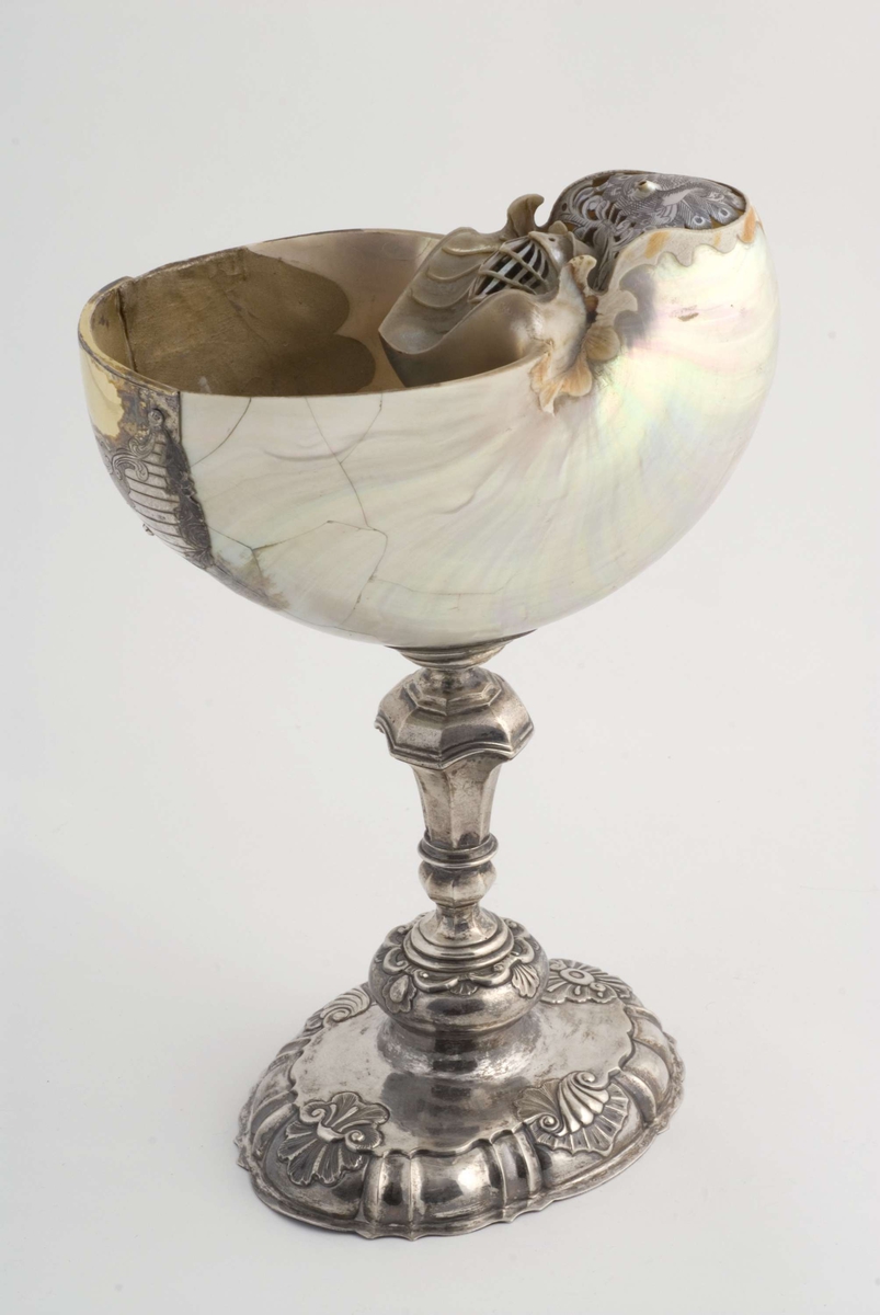 Blekksprutskall med sølvbeslag montert på høy balusterformet stett. Oval fotplate med tidlig rokokkodekor. Undersiden stemplet.