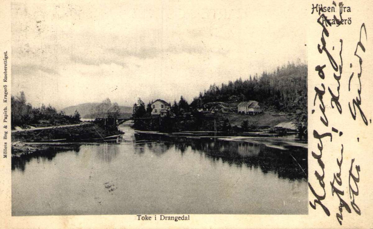 Postkort. Jule- og nyttårshilsen. Fotografisk motiv. Svart/hvitt. Innsjøen Toke i Drangedal. Stemplet 24.12.1906.