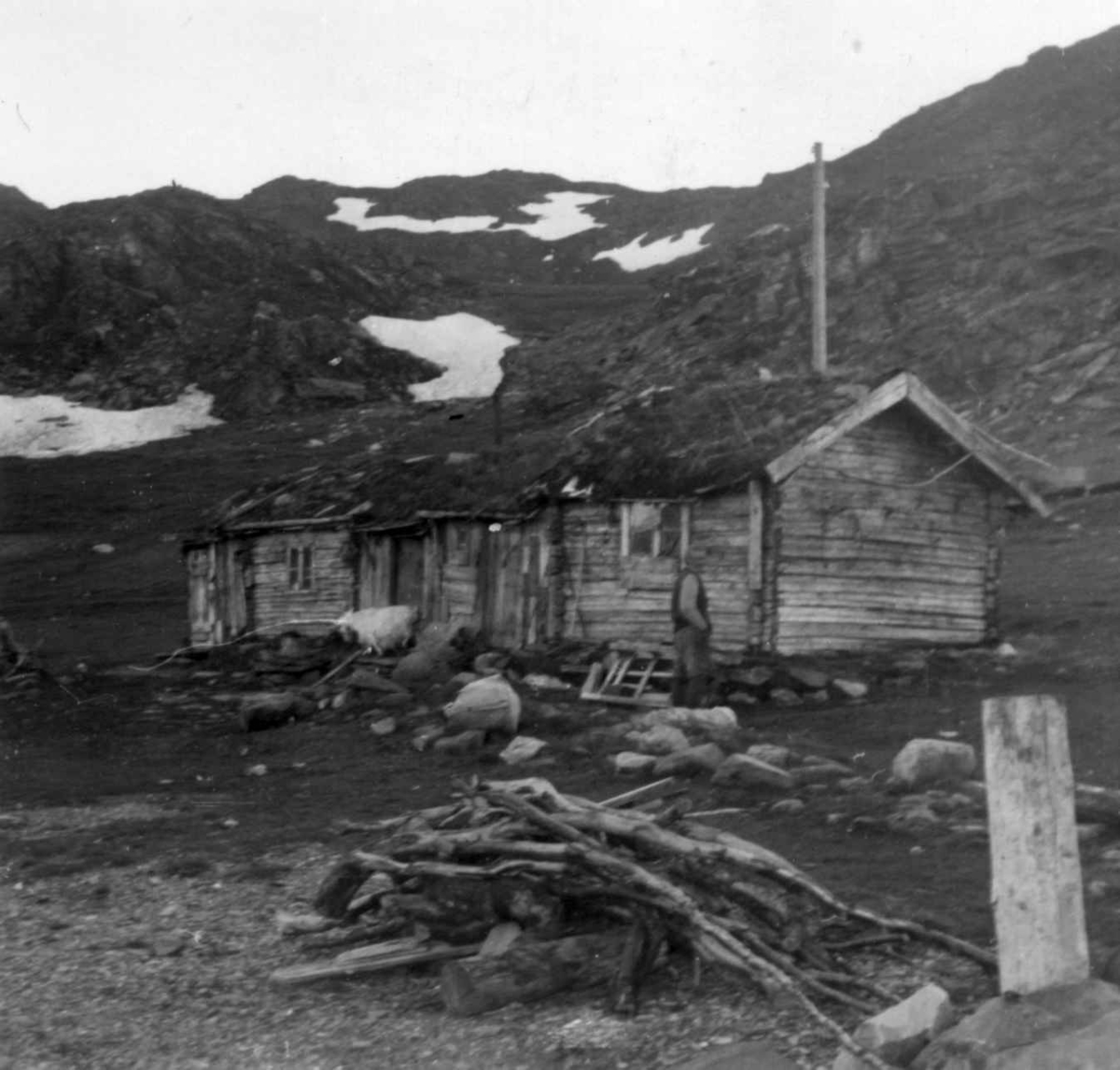 En bolig sammensatt av tre stabbur.  Langfjordnes / Goalsevuohppi, 1952.