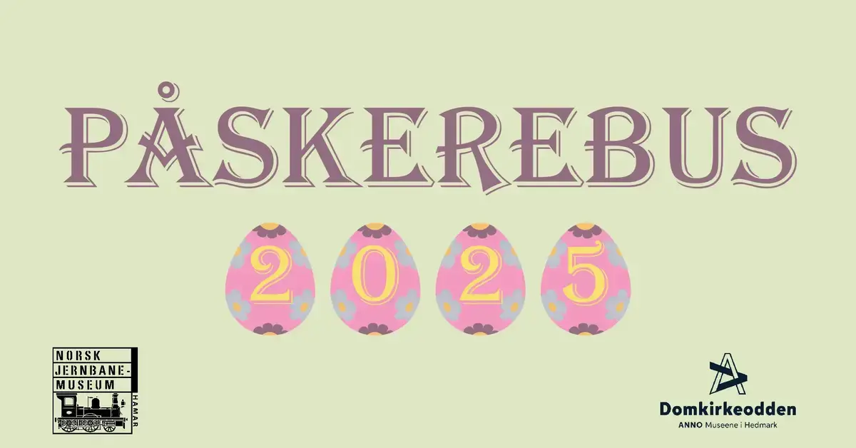 PÅSKEREBUS står skrevet med lilla bokstaver på lysegrønn bakgrunn, under ligger tre rosa påskeegg med tallene 2-0-2-5 inni seg.