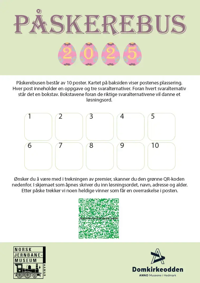 Ark med overskriften PÅSKEREBUS og 2025 skrevet inni dekorerte egg. Ti firkanter til å skrive løsningsbokstaver i. 