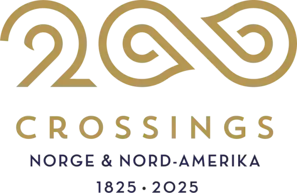Logo Crossings tallet 200 i gull, der de to nullene er utformet som et uendelighetstegn, liggende 8-tall.  Tekst under Crossings, Norge og Nord-Amerika 1825 - 2025